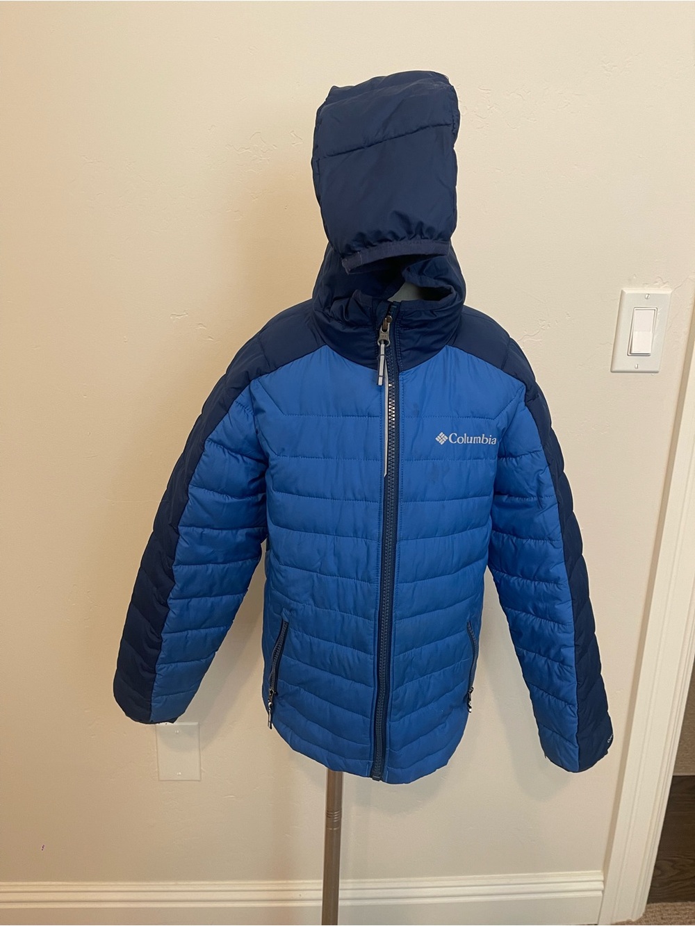Columbia Boys S 8 Powder Lite Omni-Heat Blue Puffer Jacket Removable Hood